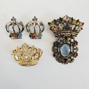Vintage Lot of 4 Rhinestone Cabochon Colorful Crown Clear Brooch Pins KJL Avon